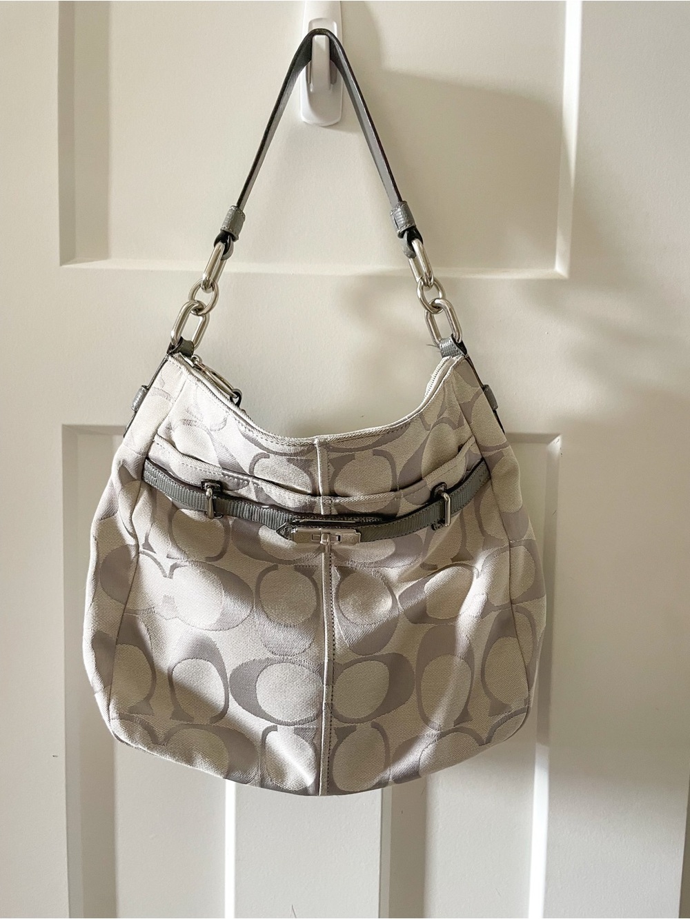 Coach Light Gray Signature Hobo Shoulder Bag